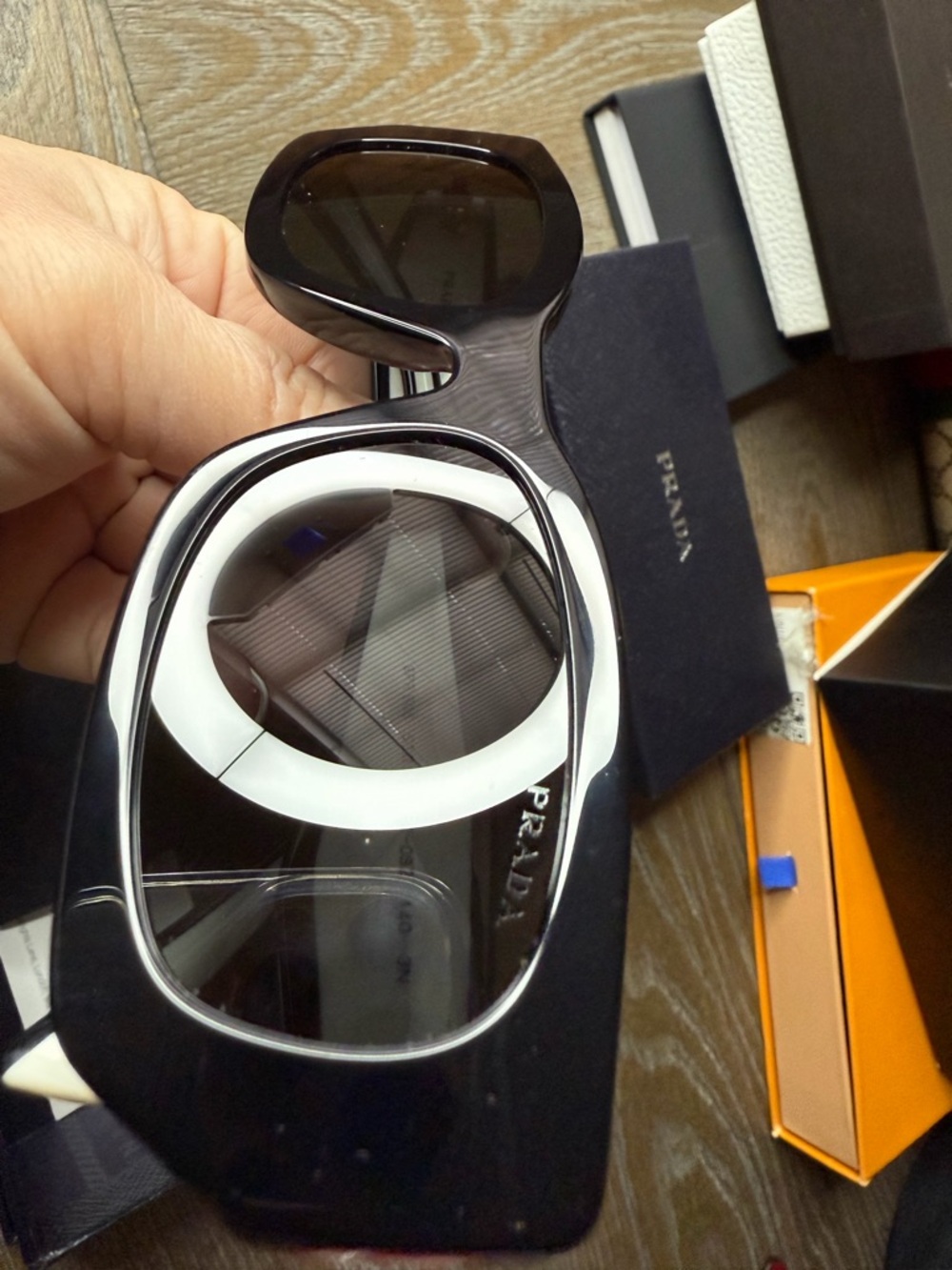 Prada Black and White Oversized Round Cutout Sunglasses